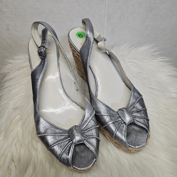 Stuart Weitzman Silver Metallic Slingback Wedge Espadrille Heels - Picture 1 of 13